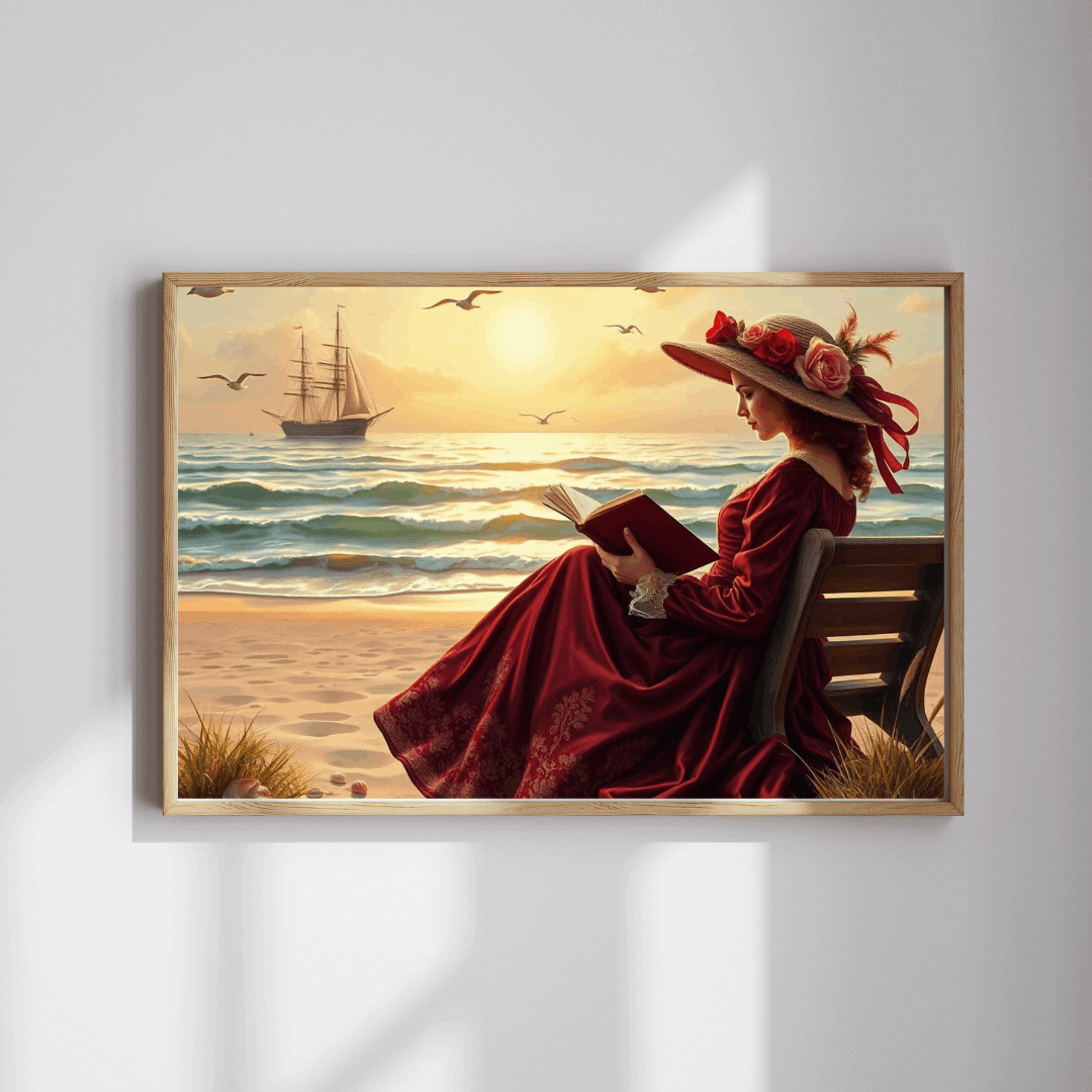 Victorian Seaside Reverie Jigsaw Puzzle - Elegant Woman Reading on the Shoreline, Romantic Vintage Puzzle Art Game Puzzle The Puzzle Chest