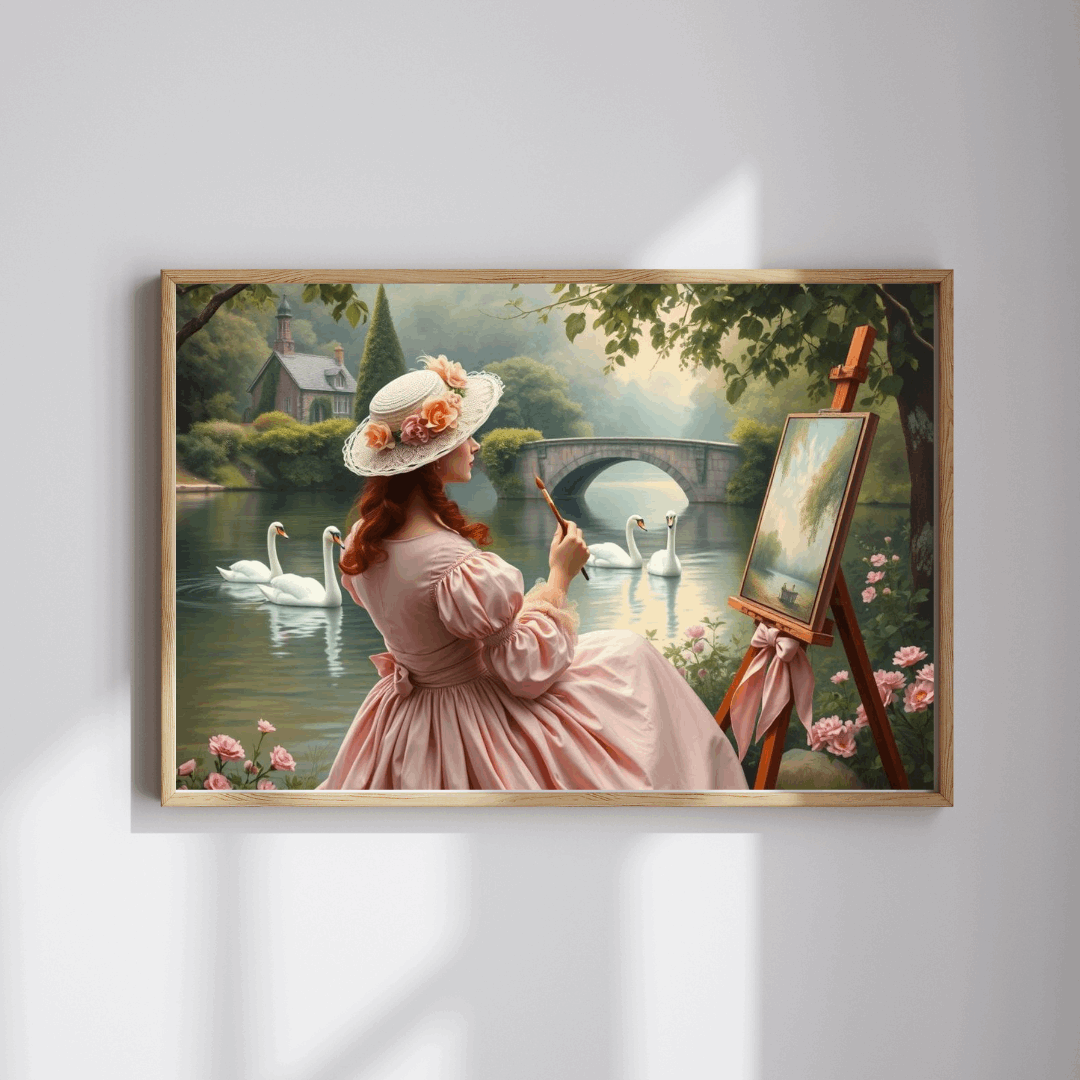 Romantic Lake Painting Jigsaw Puzzle - Victorian Woman, Swans, Stone Bridge & Blossoms, Vintage Style Gift for Art Lover Puzzle The Puzzle Chest