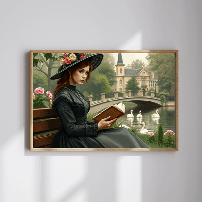 Tranquil Victorian Moment Jigsaw Puzzle - Woman Reading by a Swan-Filled Pond, Elegant 19th Century Scene Puzzle The Puzzle Chest