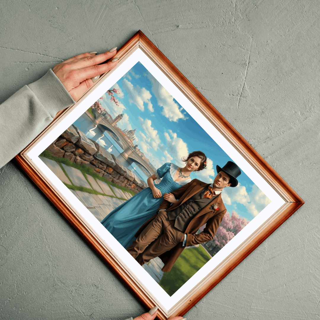 Romantic Stroll by the River - 19th Century Victorian Couple Jigsaw Puzzle with Blossoms, Bridge, and Swans Puzzle The Puzzle Chest