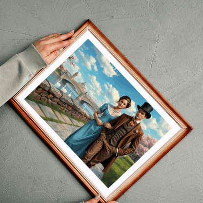 Romantic Stroll by the River - 19th Century Victorian Couple Jigsaw Puzzle with Blossoms, Bridge, and Swans Puzzle The Puzzle Chest