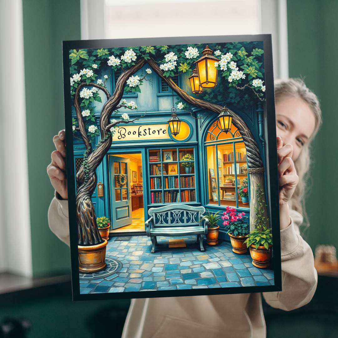 Artistic Bookstore Jigsaw Puzzle – Teal Facade and Garden Bench, Game for Book Lovers Puzzle The Puzzle Chest