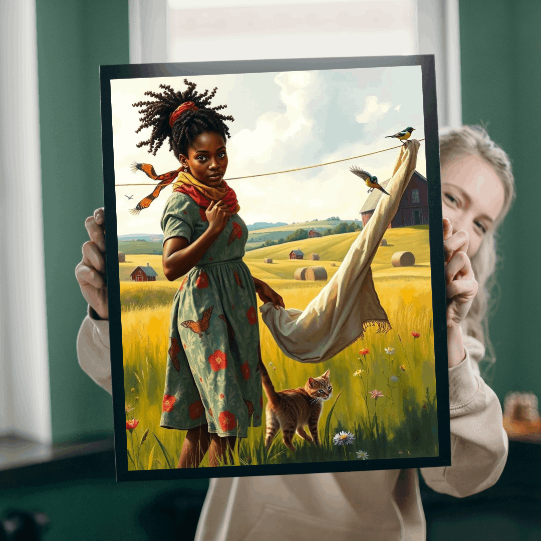 The Laundress Jigsaw Puzzle – Black Woman Hanging Laundry with Cat, Afrocentric Art, African American Artwork Puzzle The Puzzle Chest