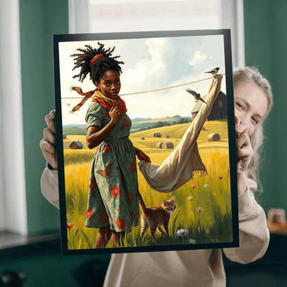 The Laundress Jigsaw Puzzle – Black Woman Hanging Laundry with Cat, Afrocentric Art, African American Artwork Puzzle The Puzzle Chest
