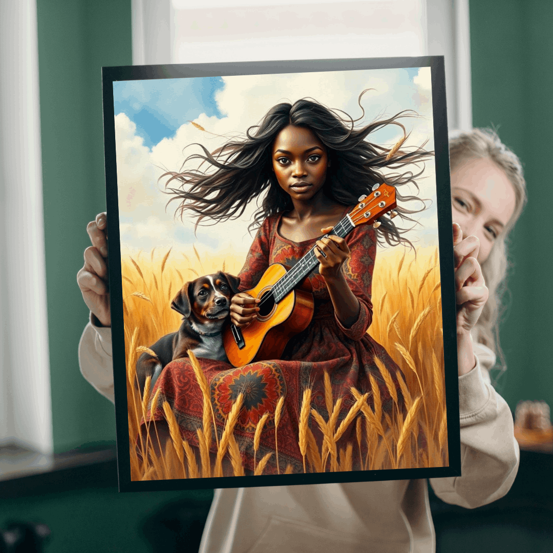 Wheat Field Ukulele Serenade Jigsaw Puzzle - Black Woman Art, Afrocentric Art, African American Musician Puzzle The Puzzle Chest