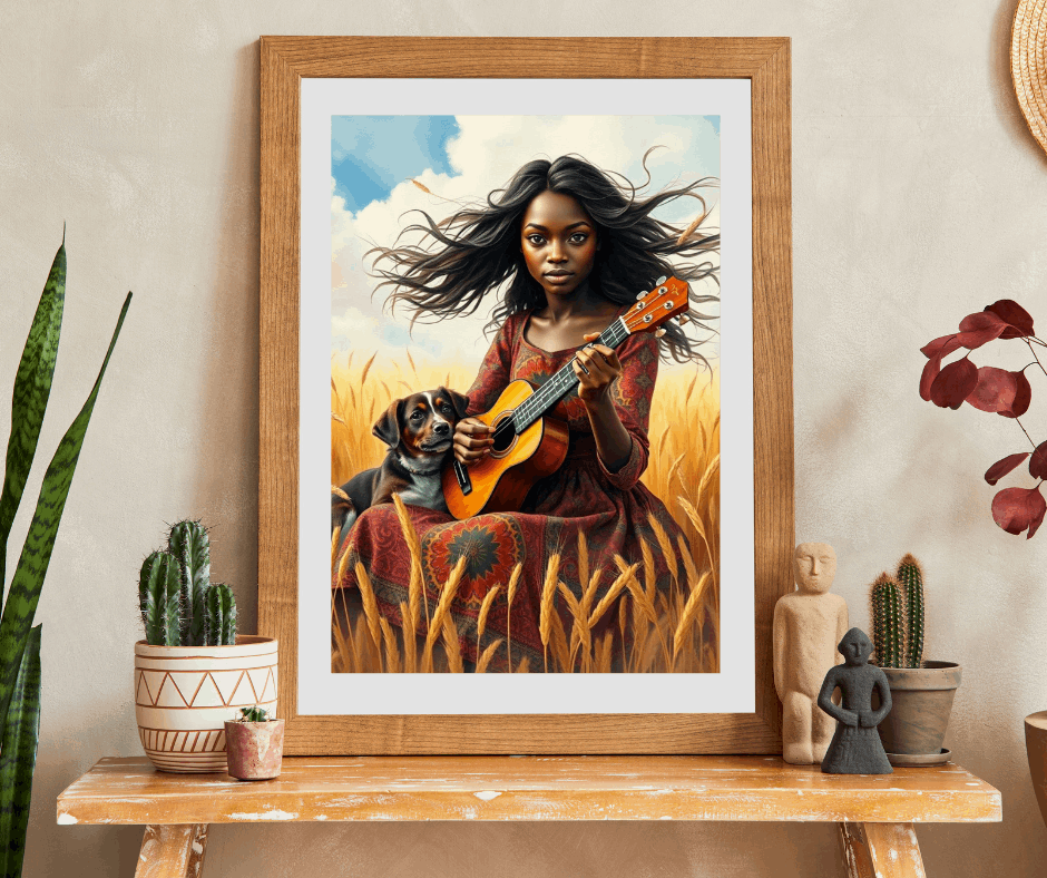 Wheat Field Ukulele Serenade Jigsaw Puzzle - Black Woman Art, Afrocentric Art, African American Musician Puzzle The Puzzle Chest