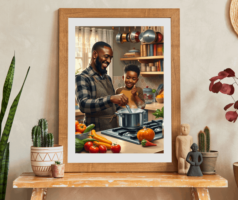 Black Family Cooking Jigsaw Puzzle - African American Father and Son Kitchen Scene, Afrocentric Art Puzzle The Puzzle Chest