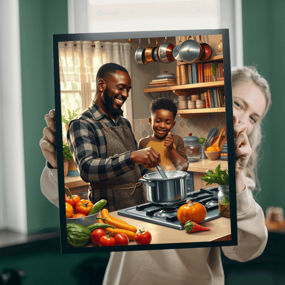 Black Family Cooking Jigsaw Puzzle - African American Father and Son Kitchen Scene, Afrocentric Art Puzzle The Puzzle Chest