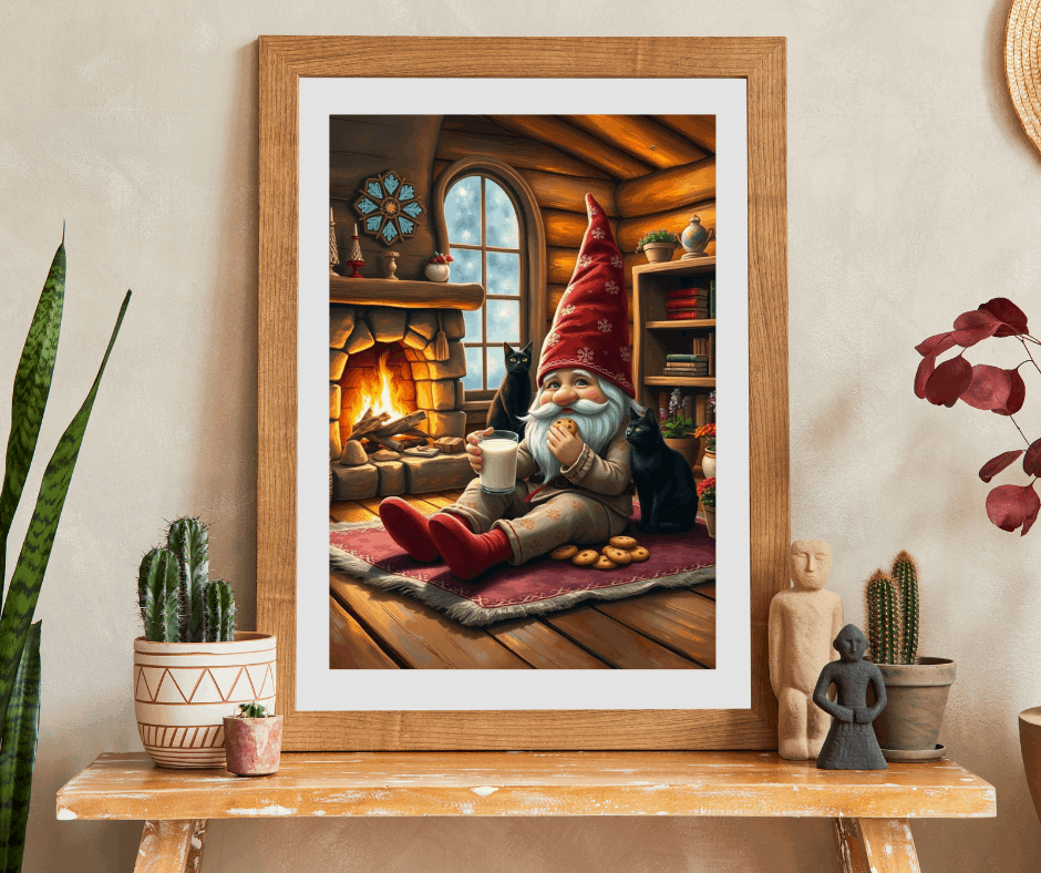Cozy Gnome in Pajamas with Cats – Cottage Hearth Milk and Cookies Bedtime Jigsaw Puzzle Puzzle The Puzzle Chest