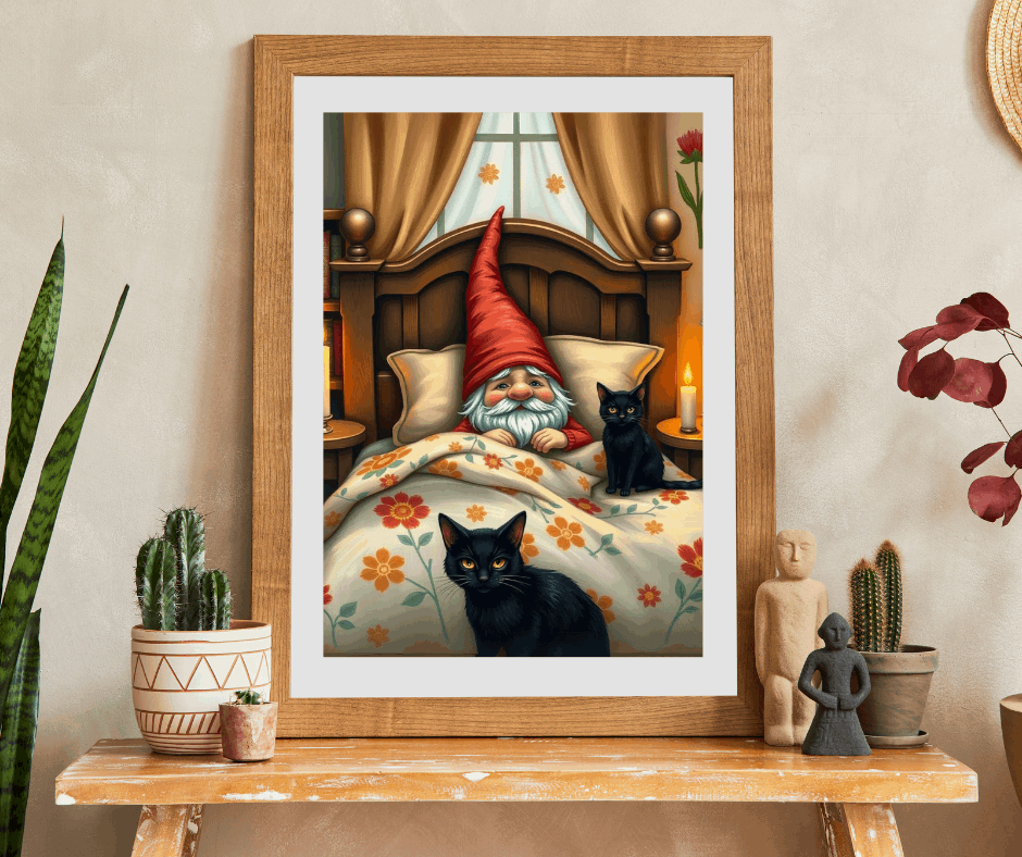 Gnome Sleeping in Cottage Bed with Cats – Folk Art Nighttime Jigsaw Puzzle Puzzle The Puzzle Chest