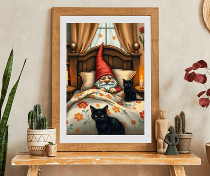 Gnome Sleeping in Cottage Bed with Cats – Folk Art Nighttime Jigsaw Puzzle Puzzle The Puzzle Chest