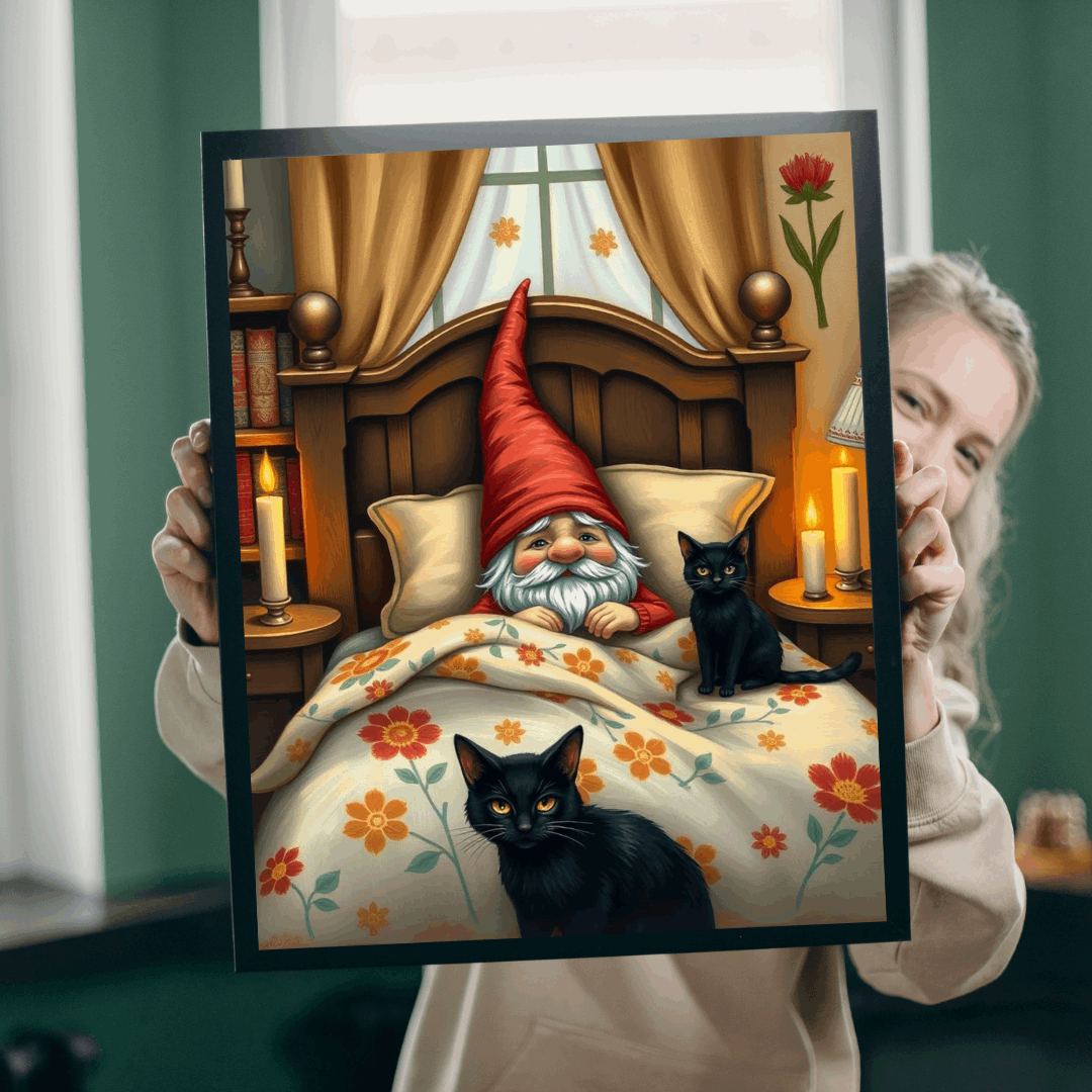 Gnome Sleeping in Cottage Bed with Cats – Folk Art Nighttime Jigsaw Puzzle Puzzle The Puzzle Chest