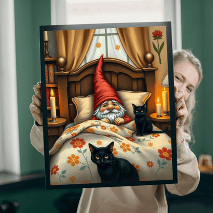 Gnome Sleeping in Cottage Bed with Cats – Folk Art Nighttime Jigsaw Puzzle Puzzle The Puzzle Chest