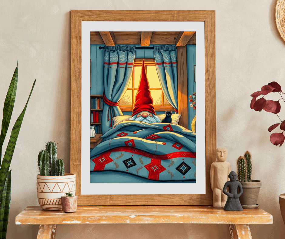 Scandinavian Folk Art Gnome Sleeping Jigsaw Puzzle – Nordic Bedroom Nighttime Scene Puzzle The Puzzle Chest