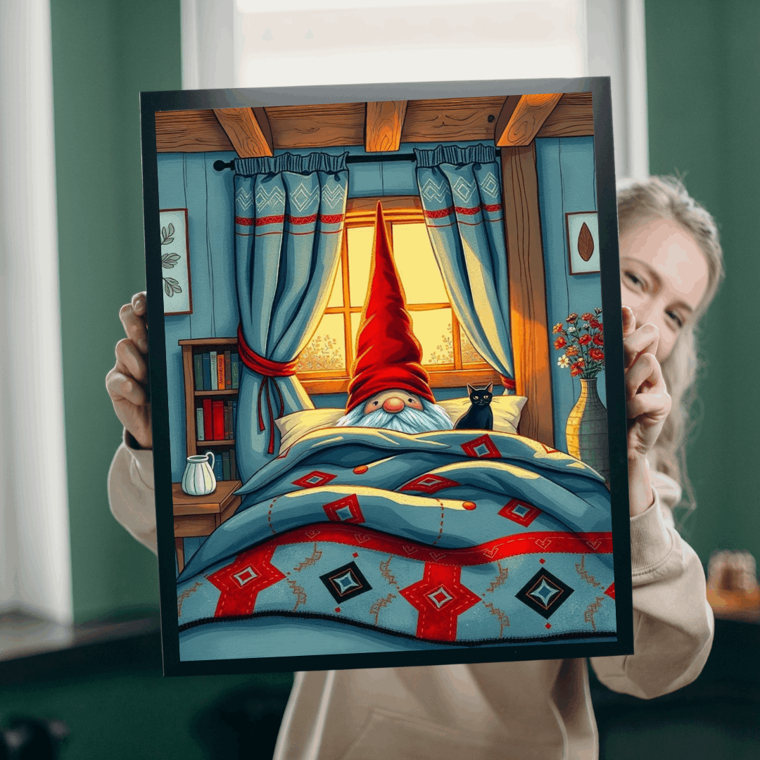 Scandinavian Folk Art Gnome Sleeping Jigsaw Puzzle – Nordic Bedroom Nighttime Scene Puzzle The Puzzle Chest