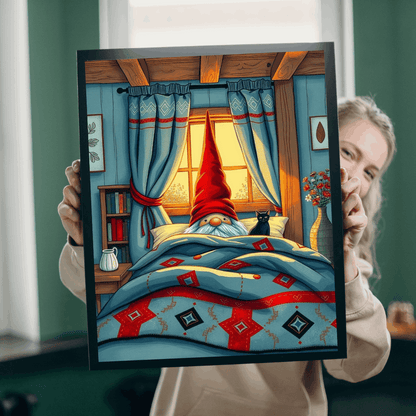 Scandinavian Folk Art Gnome Sleeping Jigsaw Puzzle – Nordic Bedroom Nighttime Scene Puzzle The Puzzle Chest