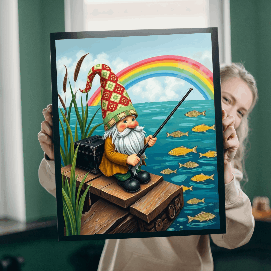 Gnome Fishing by Lake – Whimsical Folk Art Lakeside Jigsaw Puzzle Puzzle The Puzzle Chest