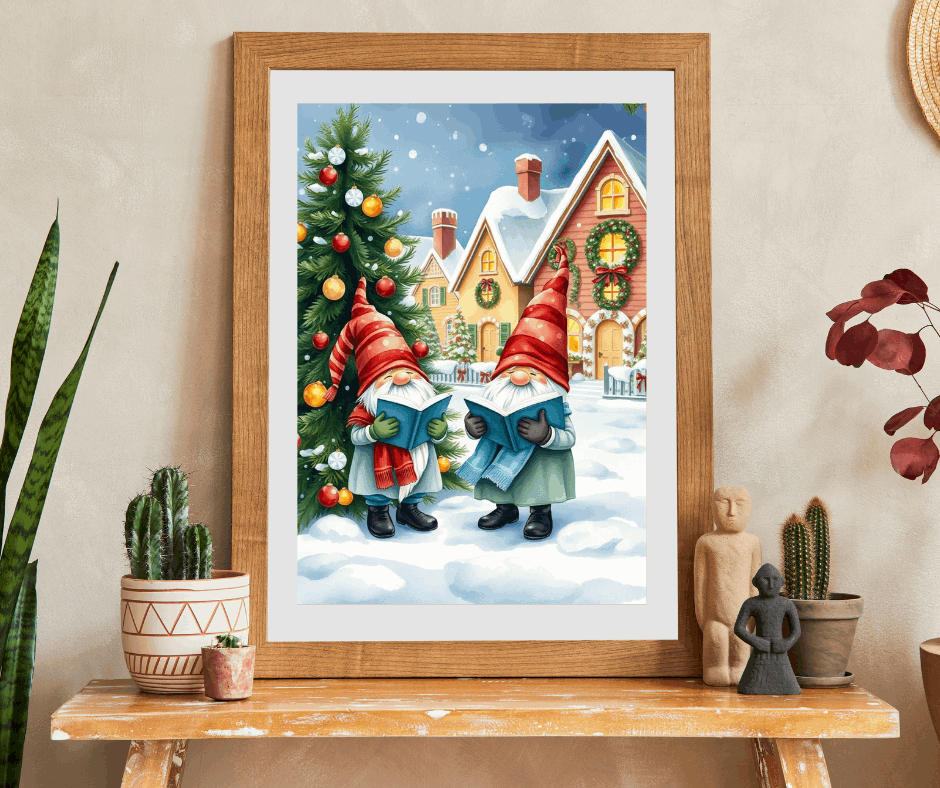 Christmas Caroling Gnomes in Snowy Village – Watercolor Storybook Holiday Jigsaw Puzzle Puzzle The Puzzle Chest