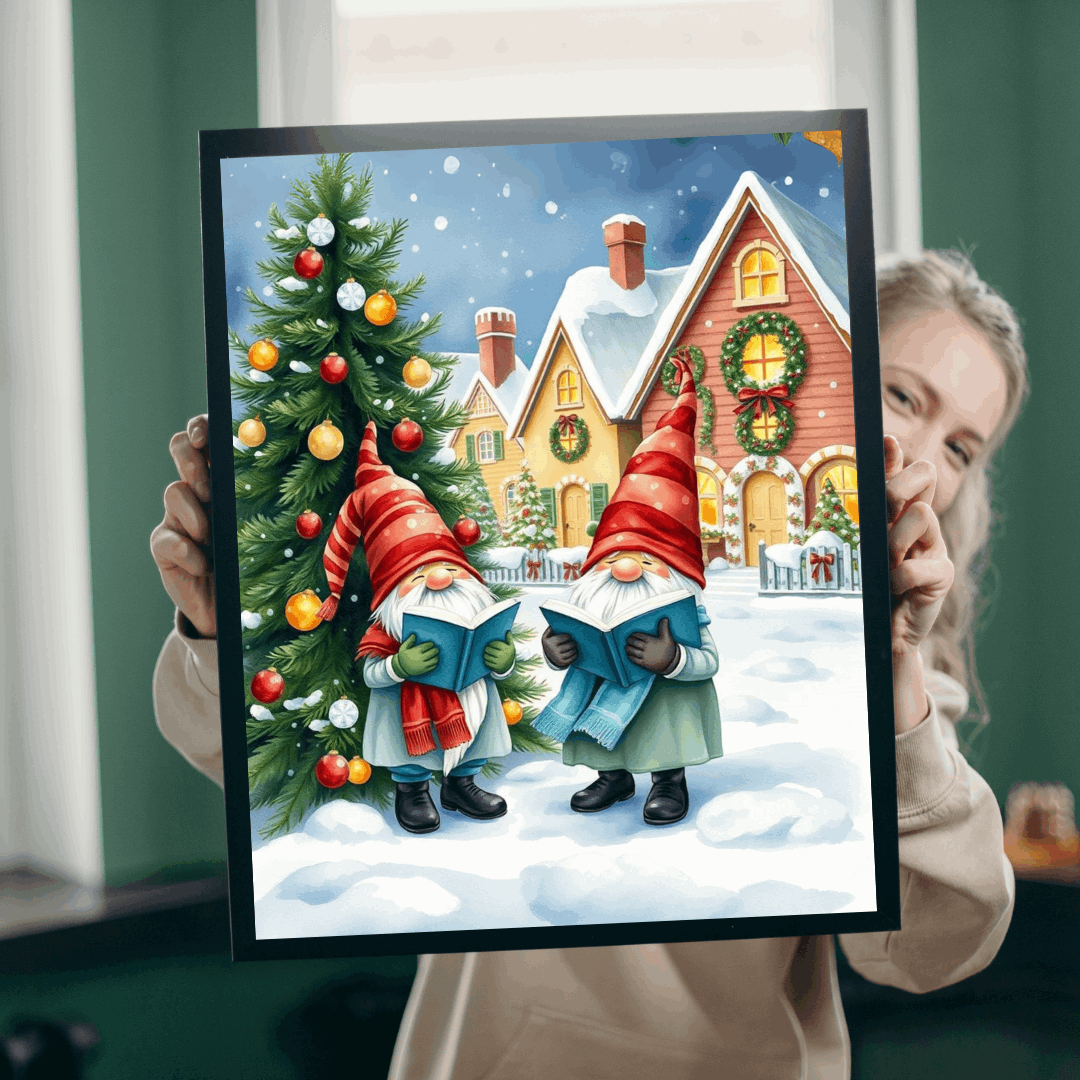 Christmas Caroling Gnomes in Snowy Village – Watercolor Storybook Holiday Jigsaw Puzzle Puzzle The Puzzle Chest