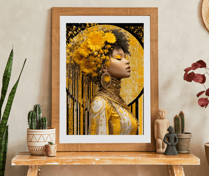 Elegant Afrocentric Jigsaw Puzzle - Melanin African American Queen in Gold Jewelry and Flower Crown Puzzle The Puzzle Chest
