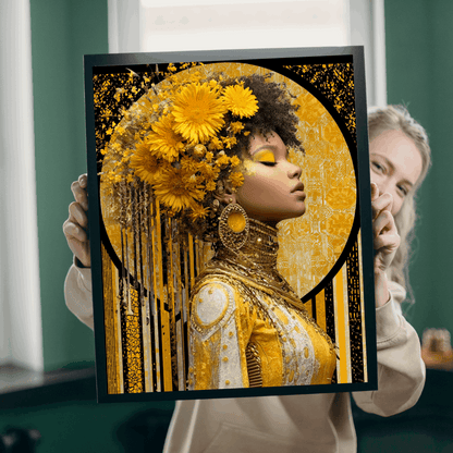 Elegant Afrocentric Jigsaw Puzzle - Melanin African American Queen in Gold Jewelry and Flower Crown Puzzle The Puzzle Chest