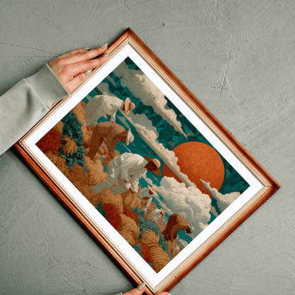 Afrocentric Black Art Jigsaw Puzzle - Sharecroppers in Golden Fields with Quilt-Pattern Sky Puzzle The Puzzle Chest