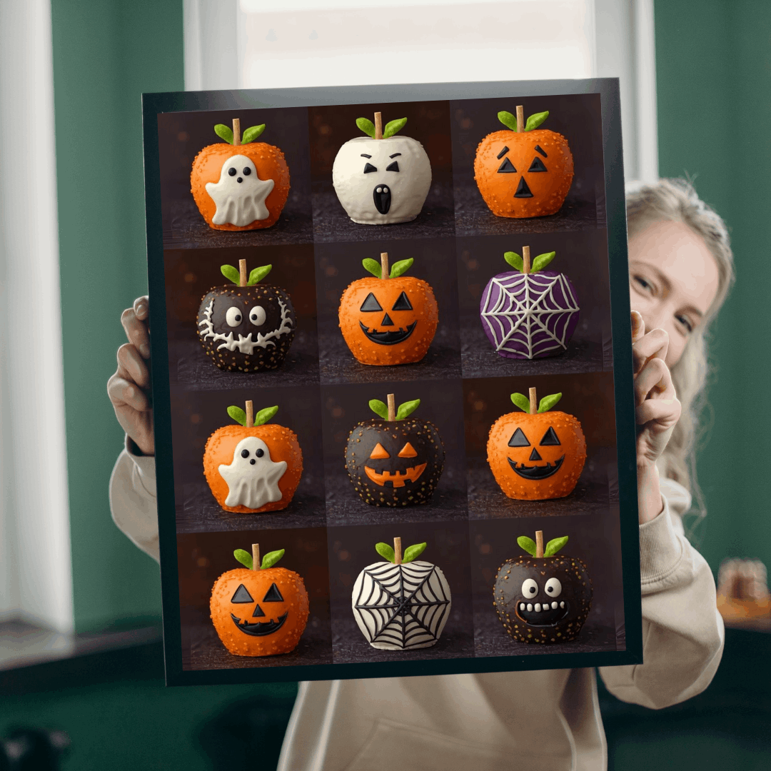Halloween Candy Apple Jigsaw Puzzle – Grid of Decorative Candied Apples with Spooky Fun Designs Puzzle The Puzzle Chest