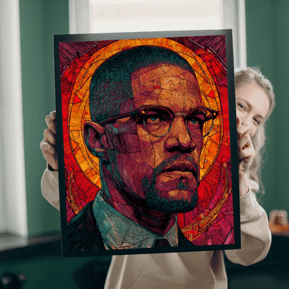 Afrocentric Malcolm X Puzzle, Stained Glass Portrait, Black History Hero, Red Orange Radiant Artwork, Educational Jigsaw, Iconic Historical Figure Puzzle Puzzle The Puzzle Chest