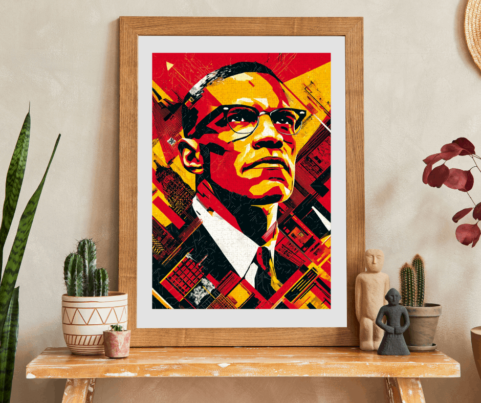 Black History Month Puzzle – Malcolm X Geometric Pop Art Jigsaw, Afrocentric Home Décor & Educational Gift for African American History Buff Puzzle The Puzzle Chest