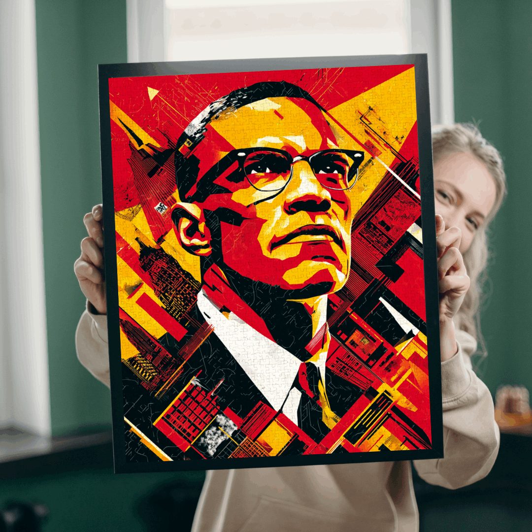 Black History Month Puzzle – Malcolm X Geometric Pop Art Jigsaw, Afrocentric Home Décor & Educational Gift for African American History Buff Puzzle The Puzzle Chest