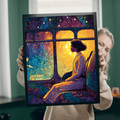 Afrocentric Rosa Parks Puzzle – Black History Figure Jigsaw, Stained Glass Illustration, Civil Rights Hero Artwork, Golden Glow Bus Scene, Abstract Star Patterns Puzzle The Puzzle Chest
