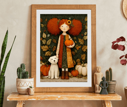 Pumpkin Patch Storybook Fairy-Tale Puzzle – Red-Haired Girl and White Terrier in a Whimsical Autumn Scene Puzzle The Puzzle Chest