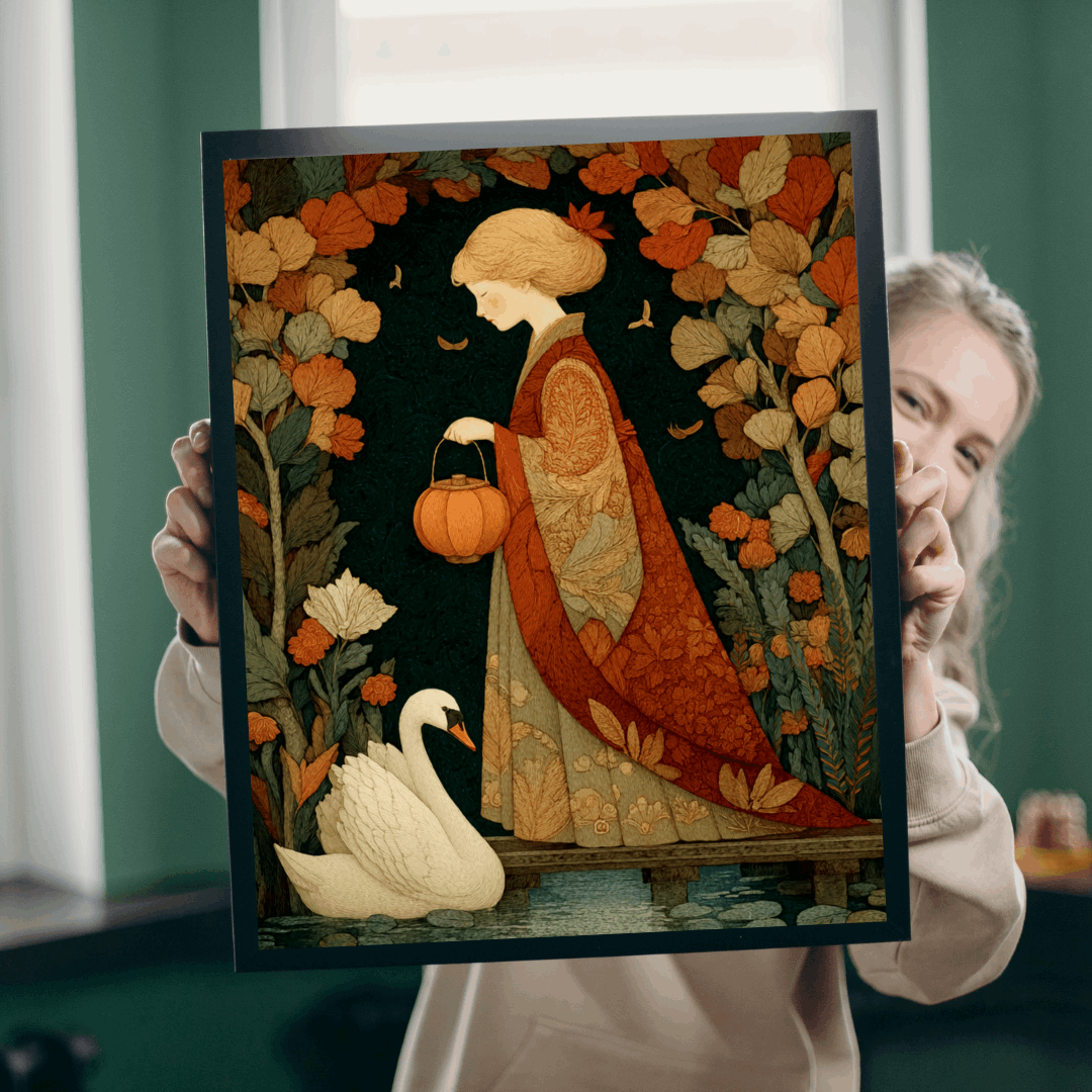 Autumn Bridge Jigsaw Puzzle – Whimsical Fall Fairy-Tale Puzzle for Adults, Girl with Lantern and Swan Puzzle The Puzzle Chest