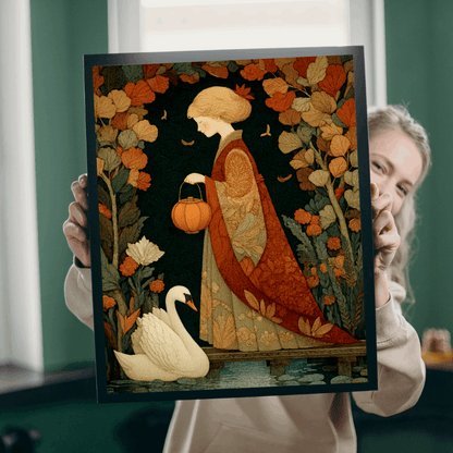 Autumn Bridge Jigsaw Puzzle – Whimsical Fall Fairy-Tale Puzzle for Adults, Girl with Lantern and Swan Puzzle The Puzzle Chest