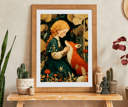 Woodland Clearing Jigsaw Puzzle – Red Fox, Girl in Green Dress, Autumn Forest Scene Puzzle The Puzzle Chest
