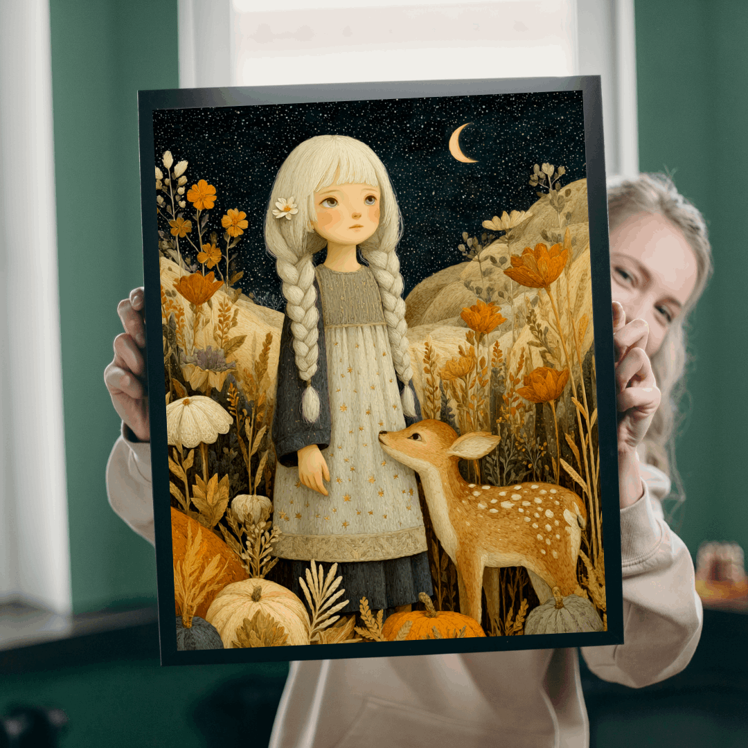 Starlit Meadow Jigsaw Puzzle – Whimsical Autumn Puzzle for Adults, Girl with Fawn Under Starry Sky Puzzle The Puzzle Chest