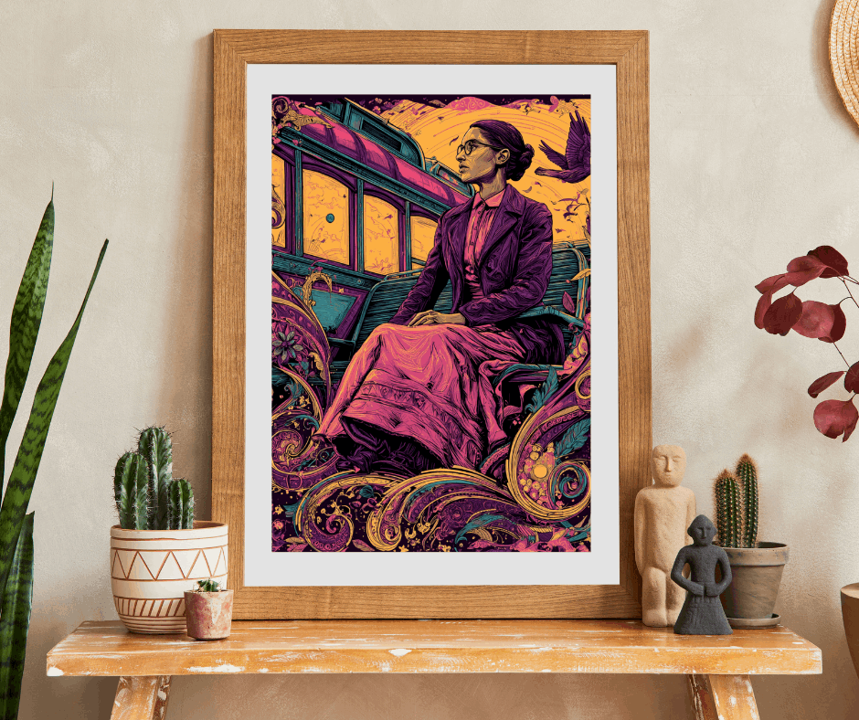 Rosa Parks Afrocentric Jigsaw Puzzle - Civil Rights Historical Black Figure Art with Ornate Floral Motifs and Bus Scene, Black Woman Art Puzzle The Puzzle Chest