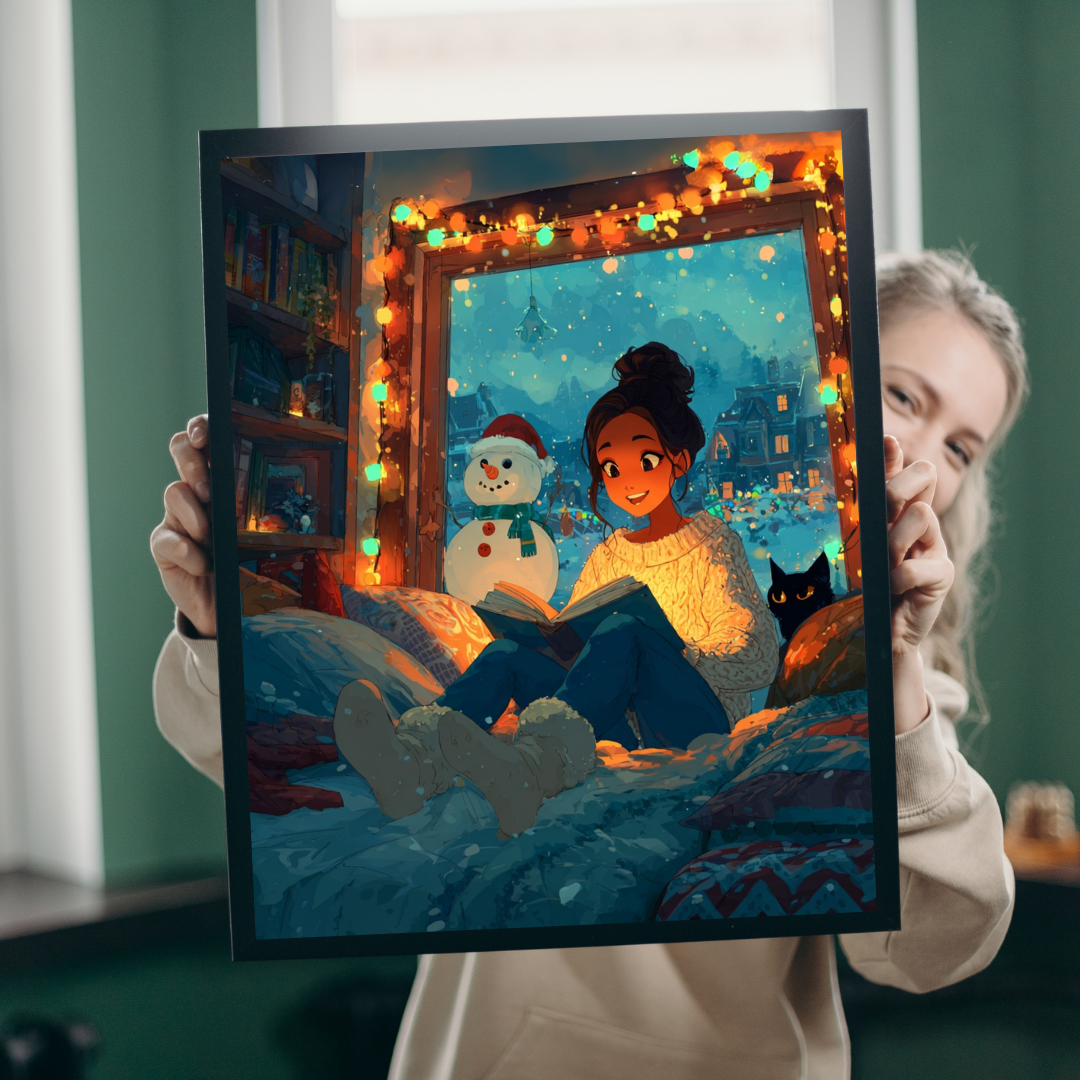 Christmas Window Glow Jigsaw Puzzle – Woman Reading by the Window with Fairy Lights, Snowman and Black Cat Puzzle The Puzzle Chest