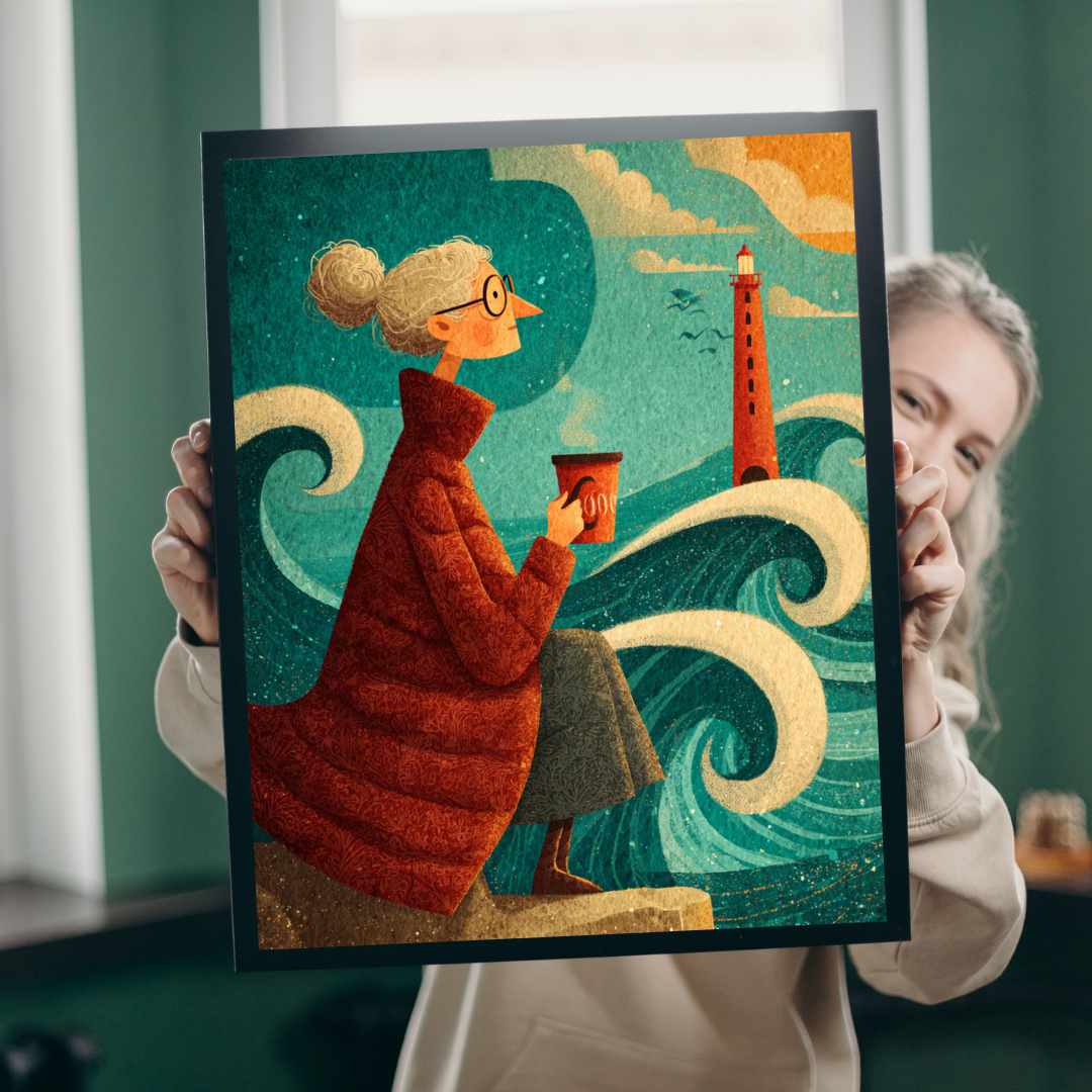Seaside Grandma Jigsaw Puzzle - Heartwarming Ocean Cliff Storybook Scene Featuring Elderly Lady and Red Lighthouse Puzzle The Puzzle Chest