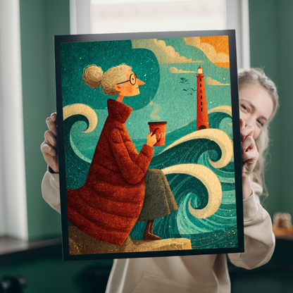 Seaside Grandma Jigsaw Puzzle - Heartwarming Ocean Cliff Storybook Scene Featuring Elderly Lady and Red Lighthouse Puzzle The Puzzle Chest