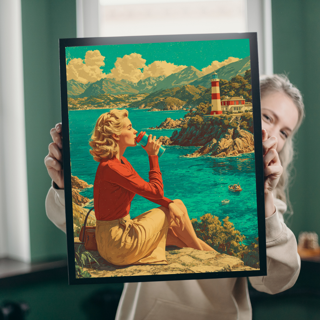 Vintage Coastal Jigsaw Puzzle – 1950s Seaside Travel Poster with Lighthouse Retro Ocean View Puzzle The Puzzle Chest