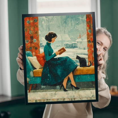 Mid-Century Winter Reading Nook Jigsaw Puzzle – Vintage 1950s Woman, Cat, and Snowy Window Puzzle The Puzzle Chest