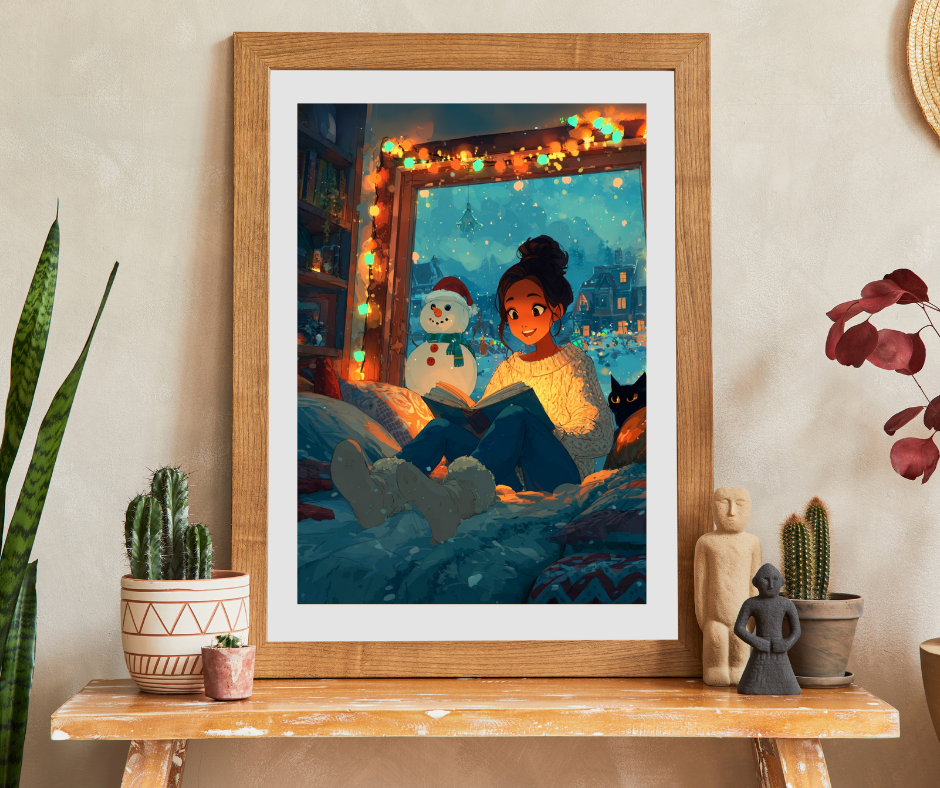 Christmas Window Glow Jigsaw Puzzle – Woman Reading by the Window with Fairy Lights, Snowman and Black Cat Puzzle The Puzzle Chest