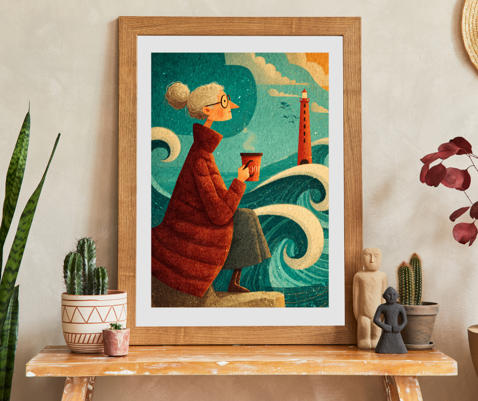 Seaside Grandma Jigsaw Puzzle - Heartwarming Ocean Cliff Storybook Scene Featuring Elderly Lady and Red Lighthouse Puzzle The Puzzle Chest