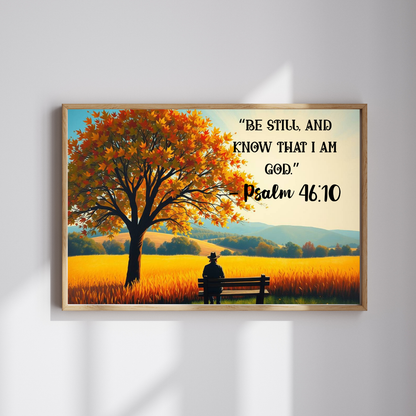 Faith and Stillness Jigsaw Puzzle – Serene Fall Landscape with Wheat Field and Bench, Bible Verse Psalm 46:10, Inspirational Gift for Friends Puzzle The Puzzle Chest