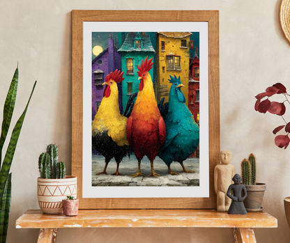 Moonlit Roosters in a Snowy Village Jigsaw Puzzle - Chickens and Colorful Crooked Houses Puzzle The Puzzle Chest