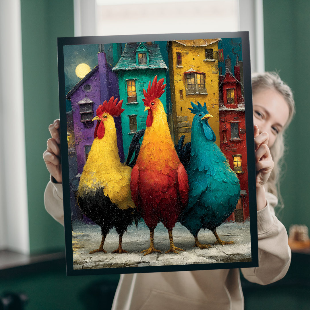 Moonlit Roosters in a Snowy Village Jigsaw Puzzle - Chickens and Colorful Crooked Houses Puzzle The Puzzle Chest