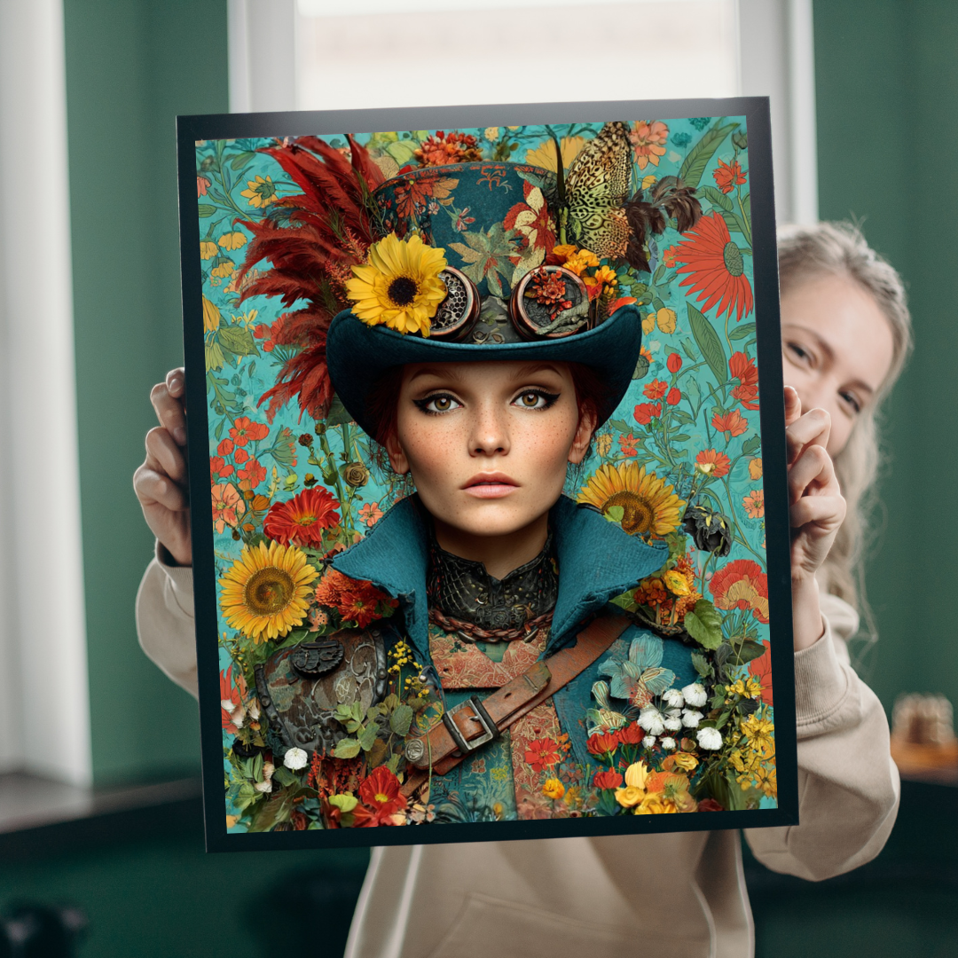 Colorful Steampunk Woman Jigsaw Puzzle – Intricate Floral Portrait with Detailed Hat Design Puzzle The Puzzle Chest