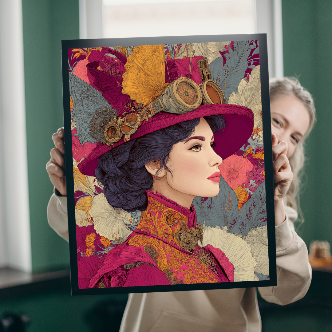 Vibrant Steampunk Lady Jigsaw Puzzle – Artistic Floral Background and Vintage Gear Hat Puzzle The Puzzle Chest