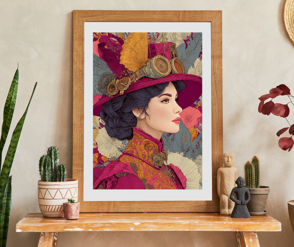 Vibrant Steampunk Lady Jigsaw Puzzle – Artistic Floral Background and Vintage Gear Hat Puzzle The Puzzle Chest